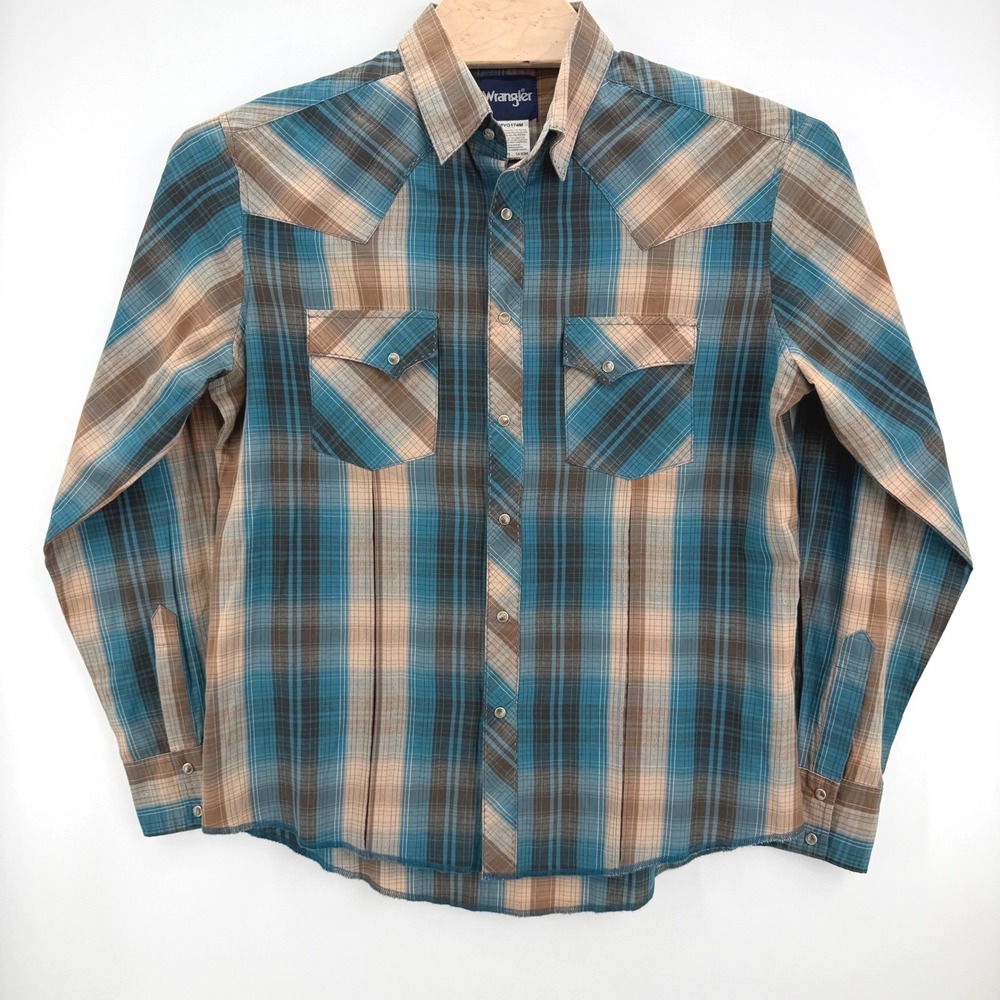 Wrangler Western Snap Shirt Mens L Blue Brown Plaid Dobby Cowboy Long Sleeve